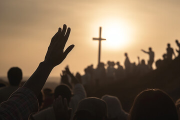 hands of people and crowd of people crowds reach for the wooden cross of Jesus Christ. Generative AI