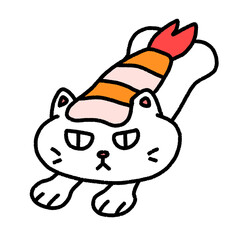 ebi sushi white cat, character design, cute cartoon isolated , graphic design for presentation, marketing, art, illustration, t-shirt design, cartoon, comic, advertising, online media