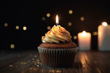 Naklejka na ściany i meble Cupcake with lit candles and surprise message on top. Perfect for a birthday celebration. Generative AI