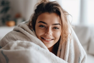 young adult woman snuggled up in a blanket at home while relaxing or recovering from an illness or flu or virus. Generative AI