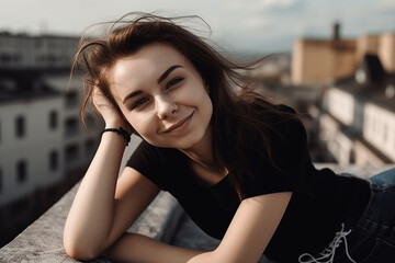 Fototapeta premium pretty beauty portrait of a young brunette adult woman in black short pants, lies on a flat roof and sunbathes. Generative AI