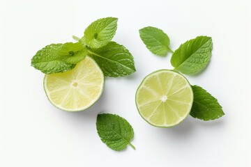 Isolated lime and mint for mojito on white background. Generative AI