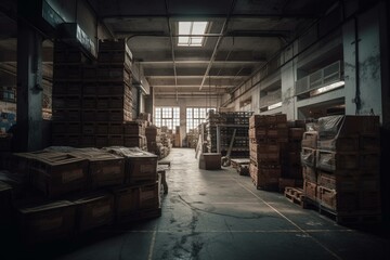 A spacious warehouse for storing and transporting goods with boxes and cargo depot. Generative AI