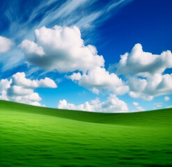 Fototapeta premium Green field with sky and clouds, in the style of windows xp, smooth curves, serene landscapism. Generative AI. 