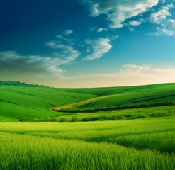 Fototapeta premium Green field with sky and clouds, in the style of windows xp, smooth curves, serene landscapism. Generative AI. 