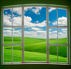 Green field with sky and clouds, in the style of windows xp, smooth curves, serene landscapism. Generative AI. 
