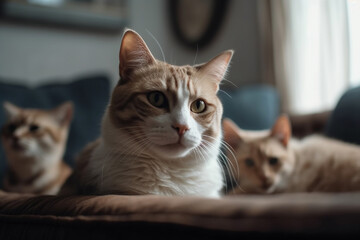 three cats at home on the sofa in the living room. Generative AI