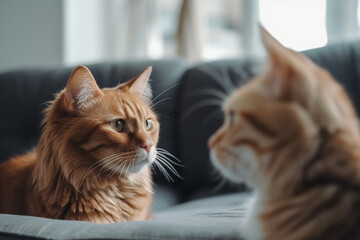 two cats at home on the sofa in the living room. Generative AI