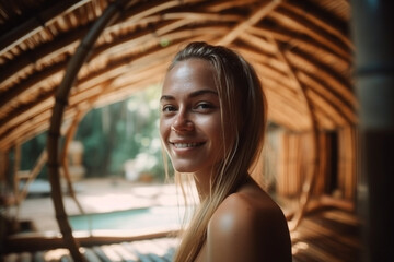 young adult woman in tropical hotel or villa or guesthouse, bali indonesia, fictional place in bamboo architecture. Generative AI