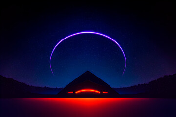 minimalistic dark night background with neon illuminated triangle, alien planet entrance, Generative AI