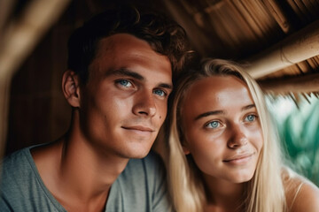 young adult man and woman in tropical hotel or villa or guesthouse, bali indonesia, fictional place in bamboo architecture. Generative AI