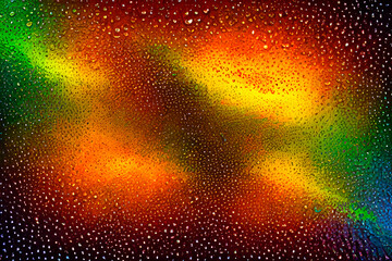 raindrops on the glass behind which are bright lights and a blurry abstract colored background, Generative AI