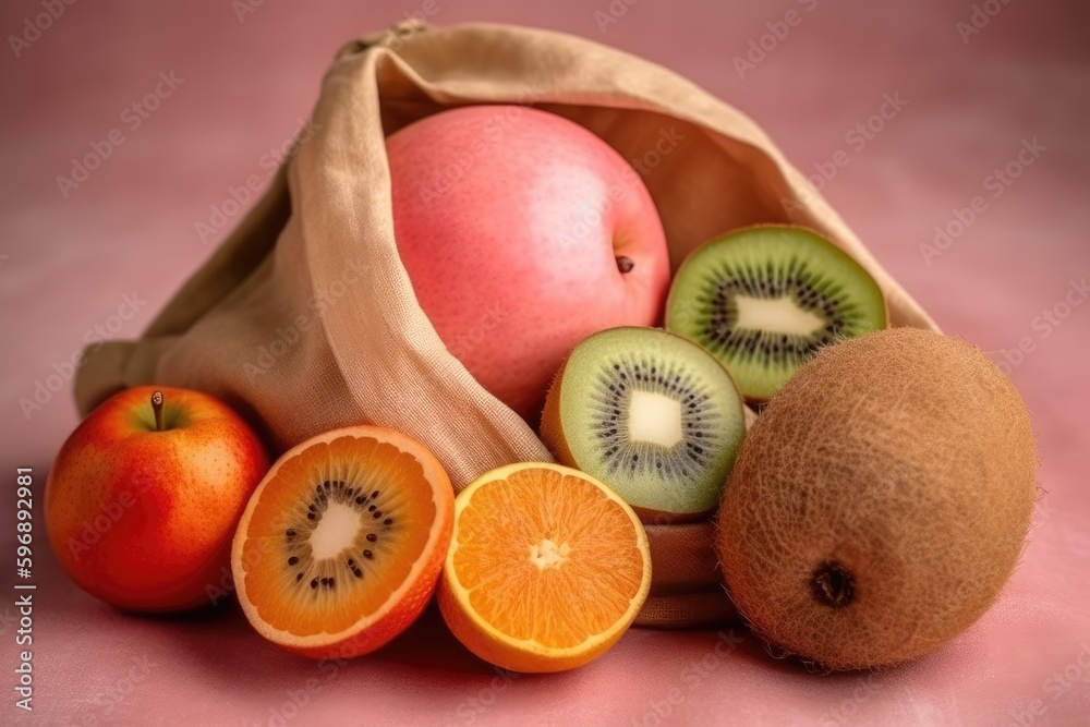 Poster colorful fruit basket on a wooden table. generative ai