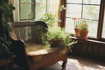 Fototapeta premium cozy wooden bench overlooking a scenic view from a window. Generative AI