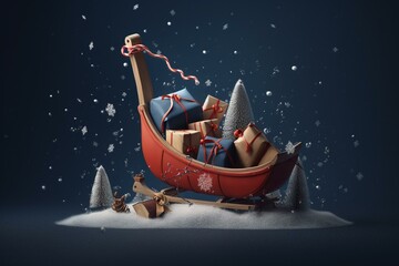 Illustration of kids' sled with red bag and gifts; snow and Christmas tree on dark blue backdrop, festive gift boxes adorned with ribbons and bows. Generative AI