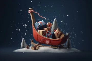 Fotobehang Illustration of kids' sled with red bag and gifts  snow and Christmas tree on dark blue backdrop, festive gift boxes adorned with ribbons and bows. Generative AI © Euphemia