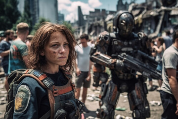 Fototapeta premium robots and humans as combat suits or artificial intelligence for war or as a futuristic future like dystopia. Generative AI