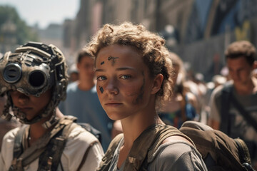 Fototapeta premium robots and humans as combat suits or artificial intelligence for war or as a futuristic future like dystopia. Generative AI