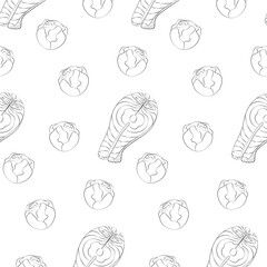 Freehand outline drawn seamless pattern of salmon steak and head of brussels sprouts. Healthy food.
