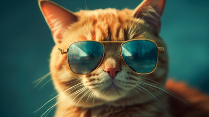 Orange cat with sunglasses in front of a blue background, vintage vibes. Generative Ai. 