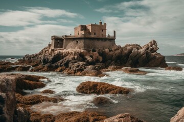 Fototapeta premium Fortress in Spanish city on an islet by La Caleta beach. Generative AI
