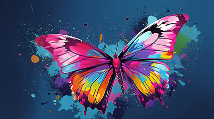 Colorful butterfly on grunge background with splashes and blots. Generative AI