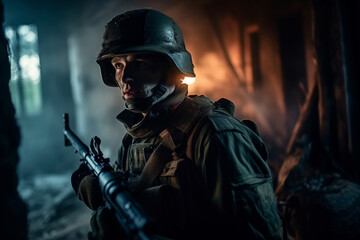Fototapeta premium soldiers in war zone, weapon and uniform, war, fictional location. Generative AI