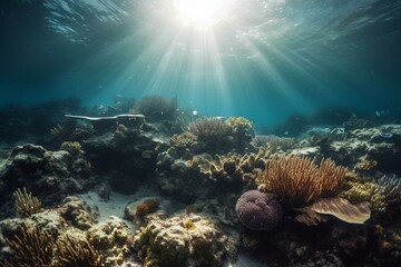 Fototapeta na wymiar Image of coral reef ecosystem in the ocean. Generative AI