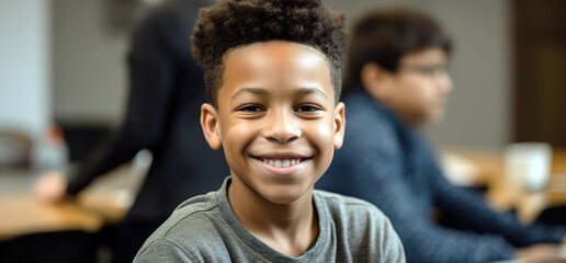 Young African American schoolboy smiling and looking at camera. Generative AI