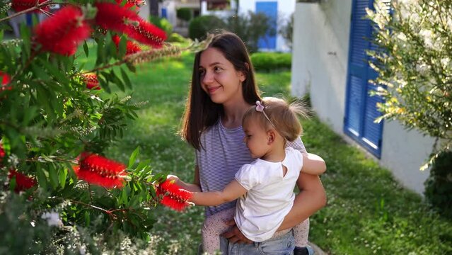 Mom with a little girl in her arms stands near a bush of callistemon with red flowers