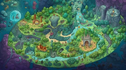 Fototapeta na wymiar Fantasy World Quest Map - Generative AI