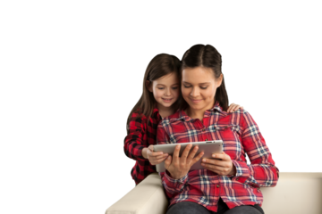 Happy mother and her daughter with digital tablet