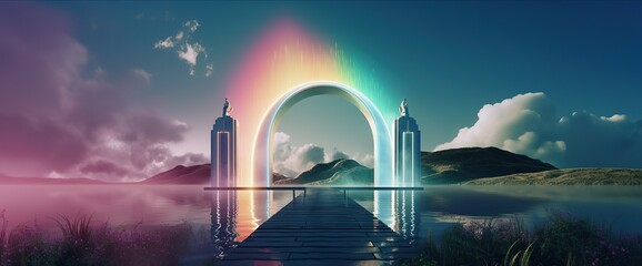 Beautiful fantasy landscape with rainbow arches, neon frames and clouds. Soft gradient sky. Abstract panoramic background. Futuristic modern aesthetic wallpaper