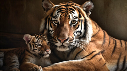 A Mother Tiger and Her Cub