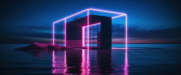 Abstract neon background with buildings and seascape terrain, fantastic futuristic virtual reality wallpaper