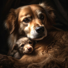 golden retriever dog with her puppy