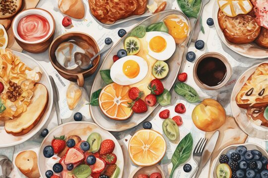 A repeating watercolor pattern featuring breakfast foods. Generative AI