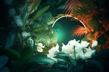 Fototapeta na wymiar Vibrant fluorescent border with green and white radiance on backdrop of exotic foliage, contemporary floral design for sunny season. Generative AI