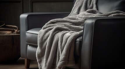 Cozy fleece throw blanket in soft gray. AI generated - obrazy, fototapety, plakaty