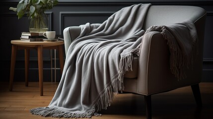 Cozy fleece throw blanket in soft gray. AI generated - obrazy, fototapety, plakaty