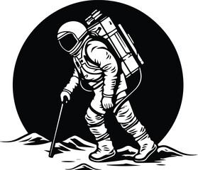Astronaut Walking On Mars Logo Monochrome Design Style
