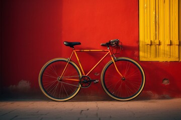 Fototapeta na wymiar Fixed gear urban bike against red and yellow wall. Generative AI