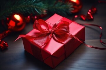 Obraz premium red gift box with a bow on a table, ready to be opened. Generative AI