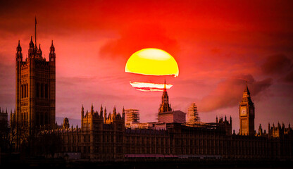 big ben and shining orange sun heat wave in London