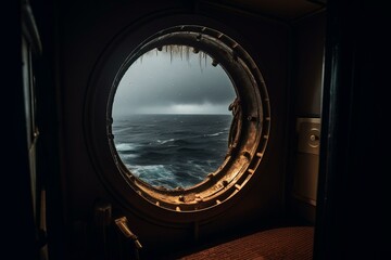 A ship's circular window overlooking rough waters during a storm. Generative AI
