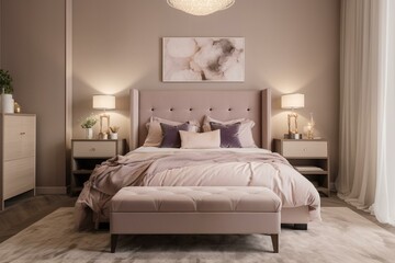 Relaxing beige and lilac bedroom with master bed and decorations. Cozy background with space for inspiration. Generative AI