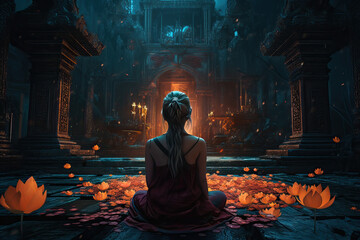 Fototapeta premium A woman in lotus position at temple surrounded by lotuses, Generative AI