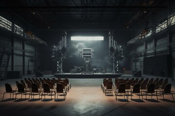 Fototapeta na wymiar Industrial event stage with panel chairs, screen, and 3D auditorium. Generative AI