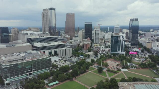 High aerial of Centennial Olympic Park and surrounding buildings in Atlanta