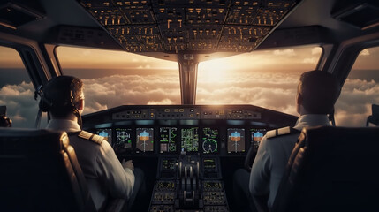 Cockpit of airplane inside view, pilots in flight deck of modern aircraft, generative AI